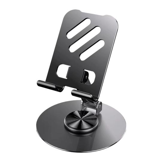 Metal Phone Stand, Foldable 720-degree Rotating Desktop Tablet Holder, Heavy Duty Universal Cradle with Charging Port