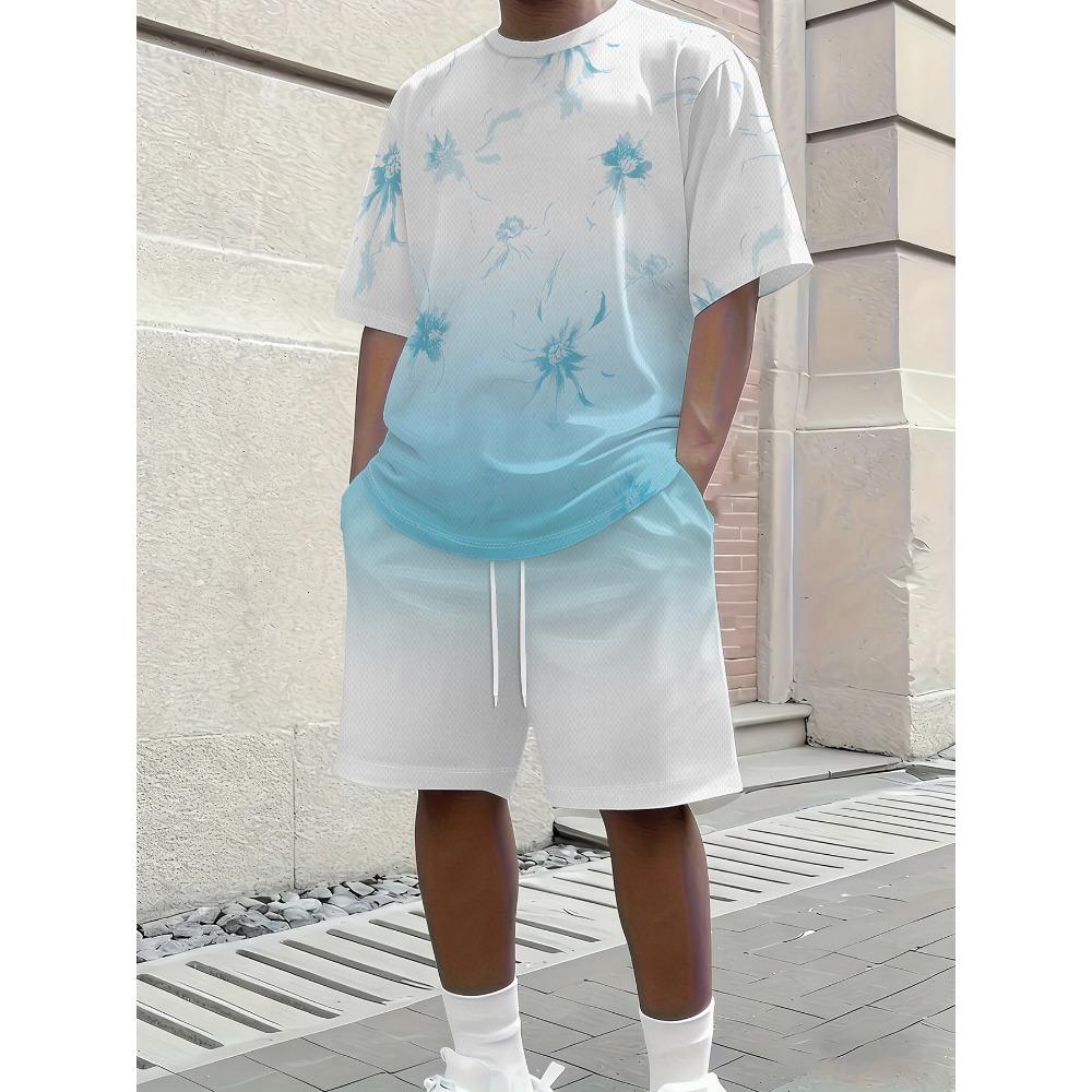 Men s round neck short sleeved casual T-shirt and drawstring waist shorts set 2XS