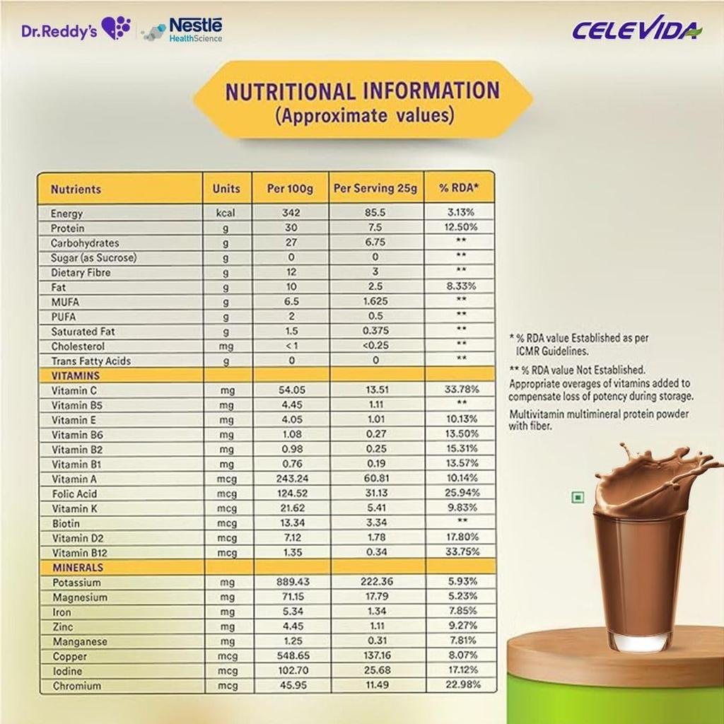 Celevida Diabetes Protein Powder Chocolate Flavor 400 Gm Pack Of 1 For Sugar Control And Weight Management Support