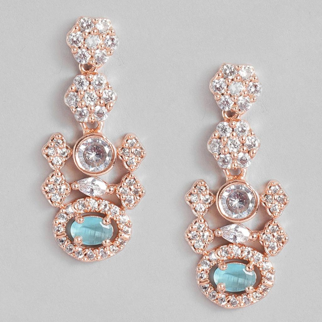 Estele Women's Earrings with Sparkling Rose Gold Cubic Zirconia and Mint Blue Stones