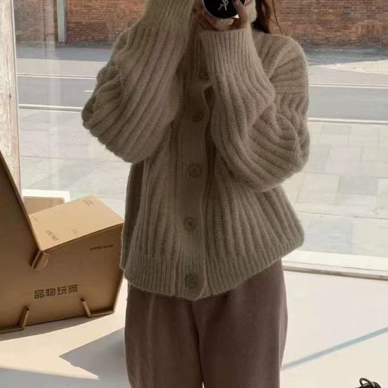 Winter High-neck Pit Strip Soft Waxy Single-breasted Thick-knit Cardigan, Warm, Loose, Simple and Lazy Style Thick Sweater Women