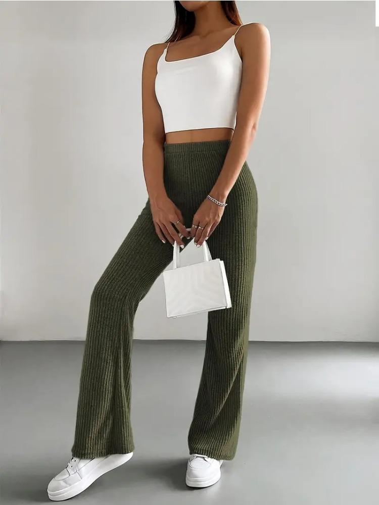 Spring and Autumn Bell-Bottom Pants for Women Solid-Color Casual Pants with Ribbed Knit Fashionable and Versatile Slim-Fit Long Pants