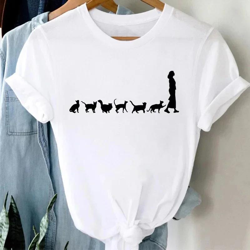 Summer Cute Cat Pattern Printed T-shirt with Breathable Micro Elastic Fashion Short Sleeved White Minimalist Versatile Top
