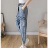 2022 Loose Hip Hop Leisure Korean Womens Pants Punk Pockets Jeans High Elastic Waist Button Harem Harajuku Denim Causal Cargo