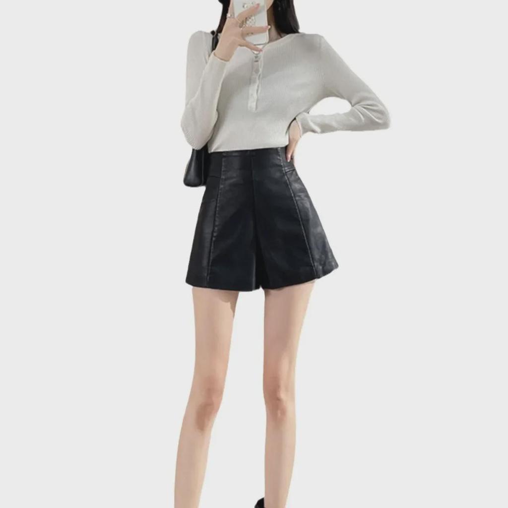 2024 Women's High-Waist PU Leather A-Line Wide-Leg Shorts for Autumn & Winter - Versatile Outdoor Wear