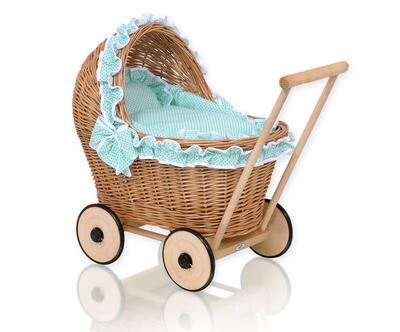 Wicker Doll Stroller with Mint Bedding and Soft Lining - Natural