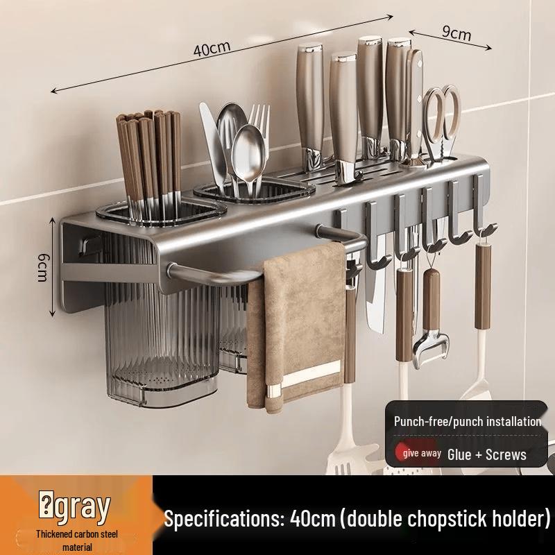Brangdy 40cm Punch-Free Kitchen Storage Rack with Knife & Chopstick Holder