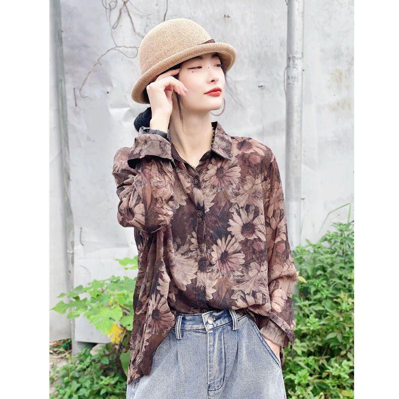 Vintage Fashion Printing Single-breasted Cardigan Blouse Womne Classic Long Sleeve Personality Polo Collar Loose Lady Shirt 2023