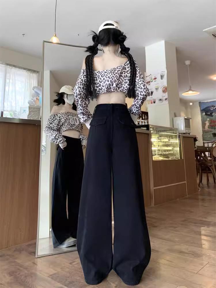 Women's Plus Size Black A-line Wide-Leg Jeans - Autumn/Winter Slimming Loose Fit for Pear-Shaped Figures