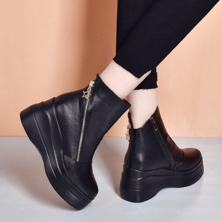 Slope heel women's boots autumn and winter new European and American wind oblique zipper waterproof platform thick-soled muffin and round head short
