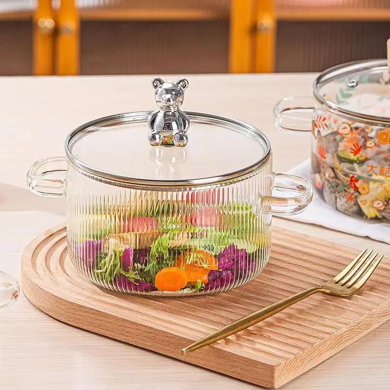 1500ML Klare Glas-Stielkasserolle mit Doppelgriffen Suppenkochtopf mit Deckel Hitzebeständige Küchenkochwerkzeuge