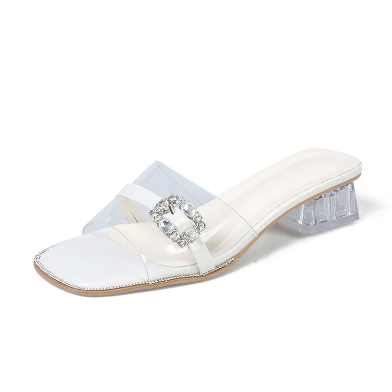 Women's New Summer Wear Rhinestone Open-toe Transparent One-word Cool Drag Square Toe Open-toe Crystal Block Heel Pumps