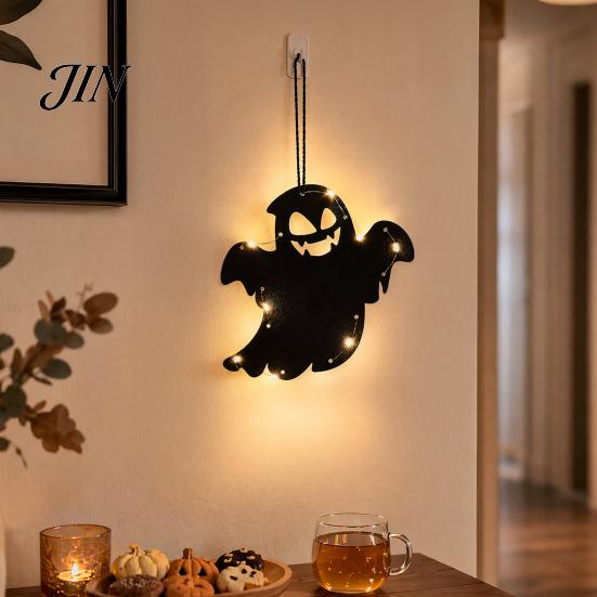 Halloween Holiday Decorations Pumpkin Hanging Decor, Non-Woven Ghost Ornament with Light String, Spooky Festive Decor Door Wall for Party Scene, Trick