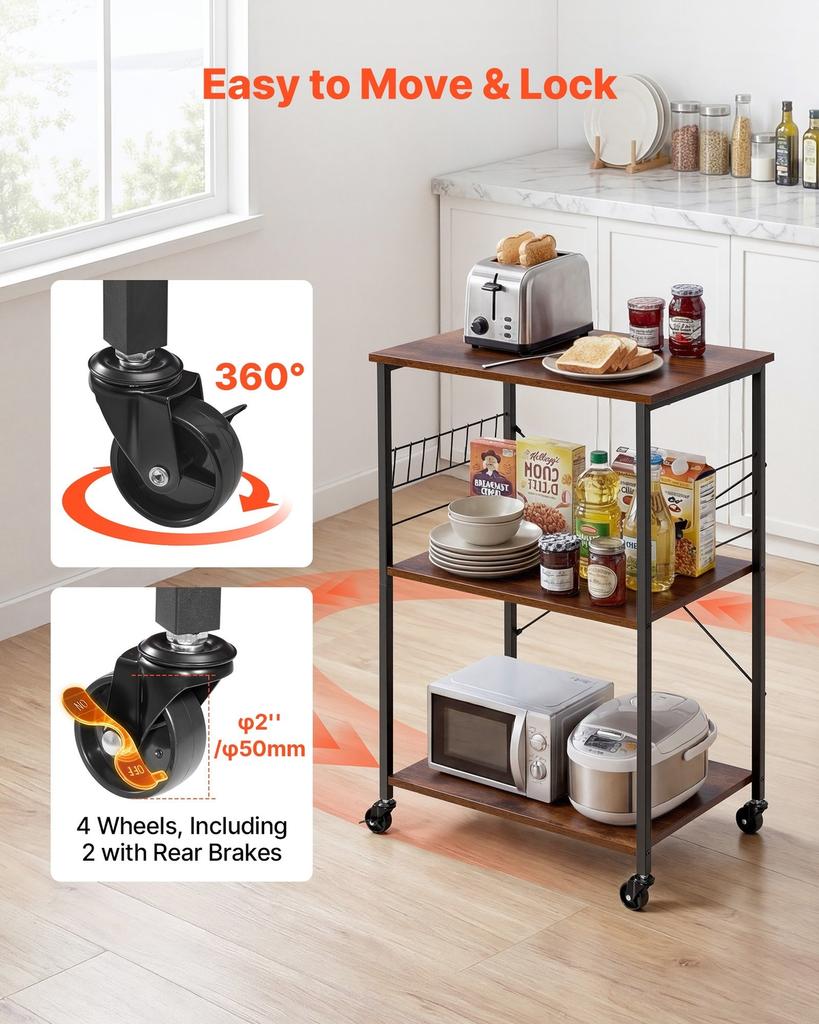 Kitchen Utility Cart, 3 Tier 60 Cm Microwave Stand Coffee Cart, Heavy Duty Storage Rack, Service Trolley On Wheels, Industrial Rolling Work Table with