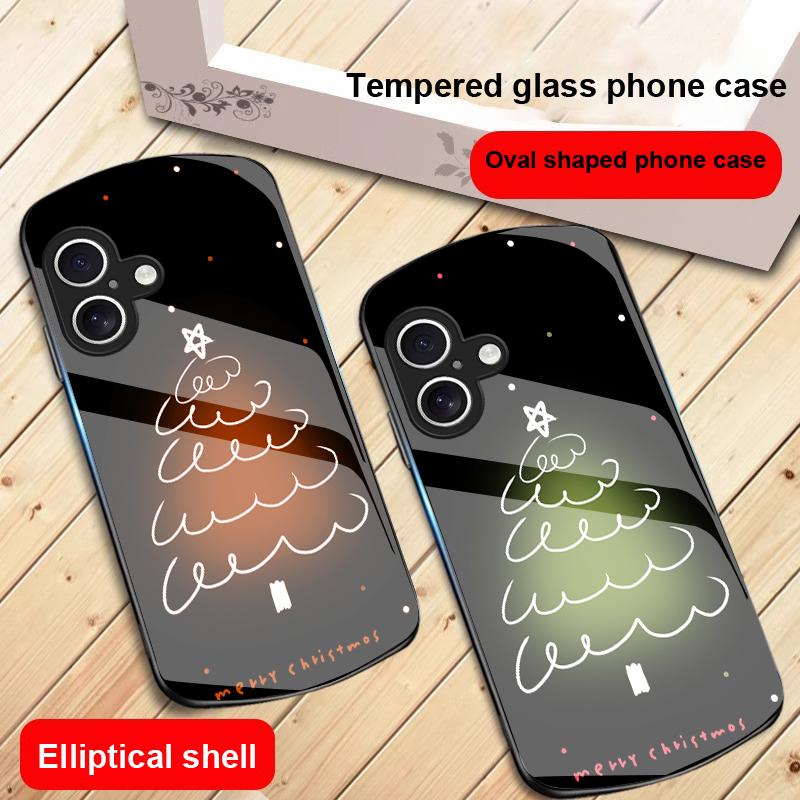 White Line Christmas Tree For iPhone 17 16 15 14 13 Plus 12 Mini 11 Pro Max XR Xs Max X 7 8 6S 22 20 Elliptical Glass Phone Case