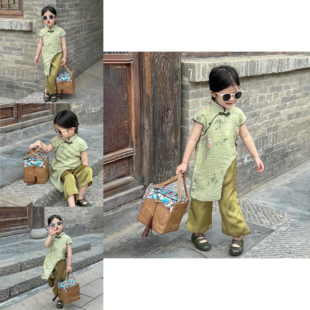 Elegant Chinese Style Summer Outfit For Girls Featuring Beautiful Floral Qipao Top And Stylish Pants Set For Ages 3 To 8 Years
