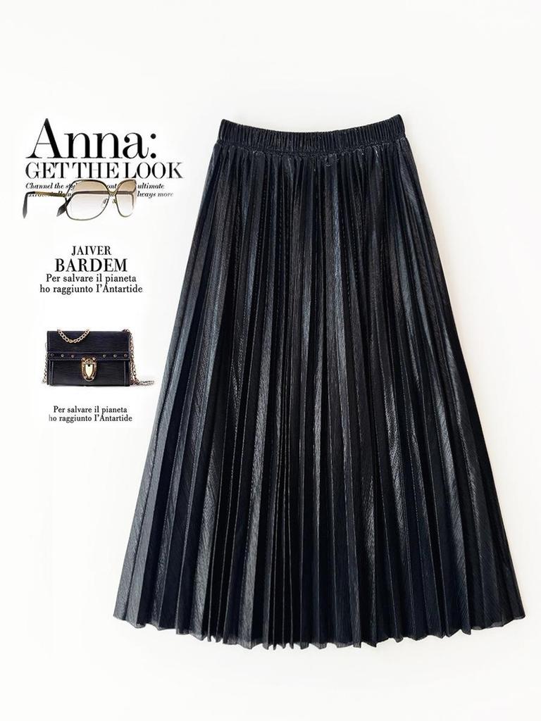 European Silk Metallic Pleated A-Line Skirt - Mid-Length Women's Drape Design
