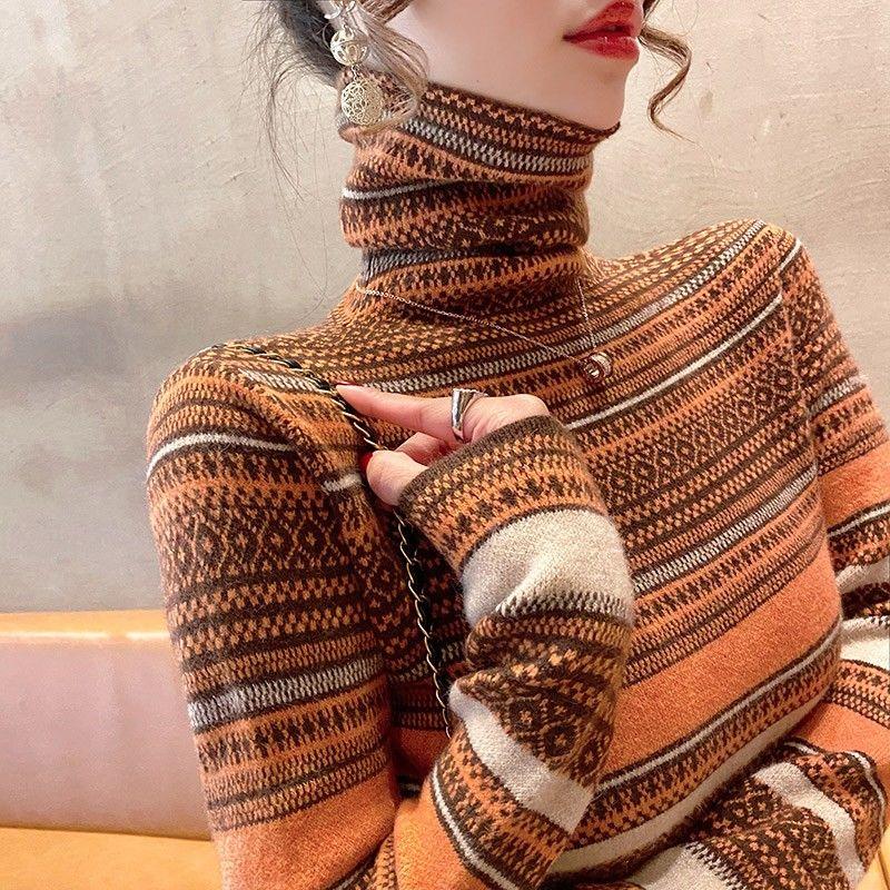 Autumn Winter 2024 Women Korean Fashion Striped High Collar Basic Knitted Sweater Vintage Elegant Long Sleeve Slim Pullover Tops