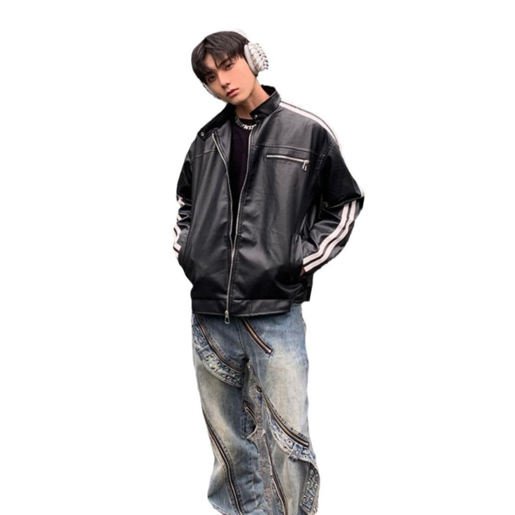 Herren American Retro Gestreifte Maillard Lederjacke - Frühling/Herbst, Design-Fokus PU Schulter