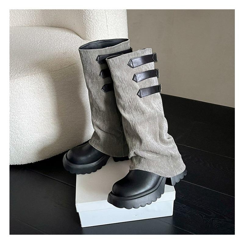 

Брюки с широкими штанинами, ботинки на платформе, женские новые осенне-весенние, на толстой подошве с увеличением, но ботфорты, высокие рыцарские сапоги 40 чёрный