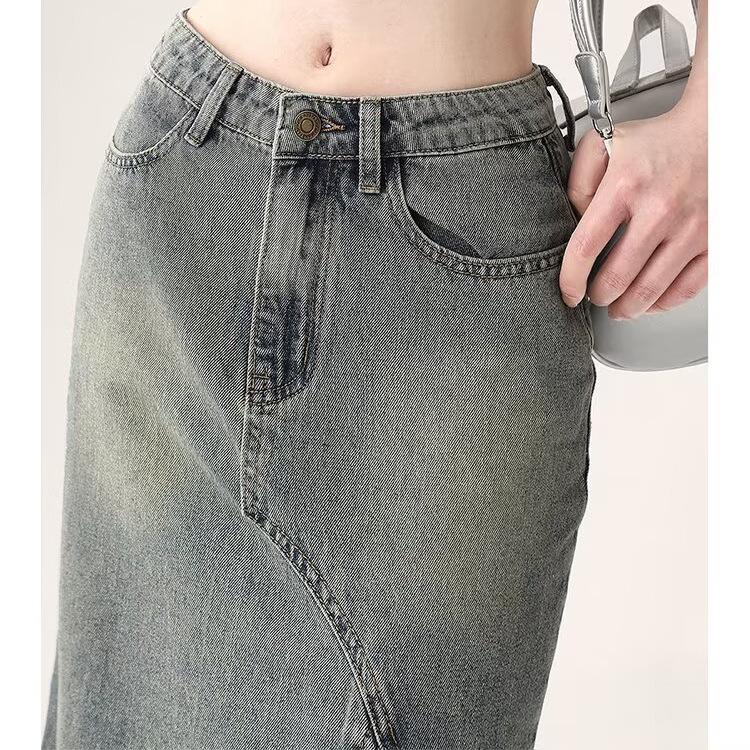 Women's Retro High-Waist Lace Fishtail Denim Midi Skirt