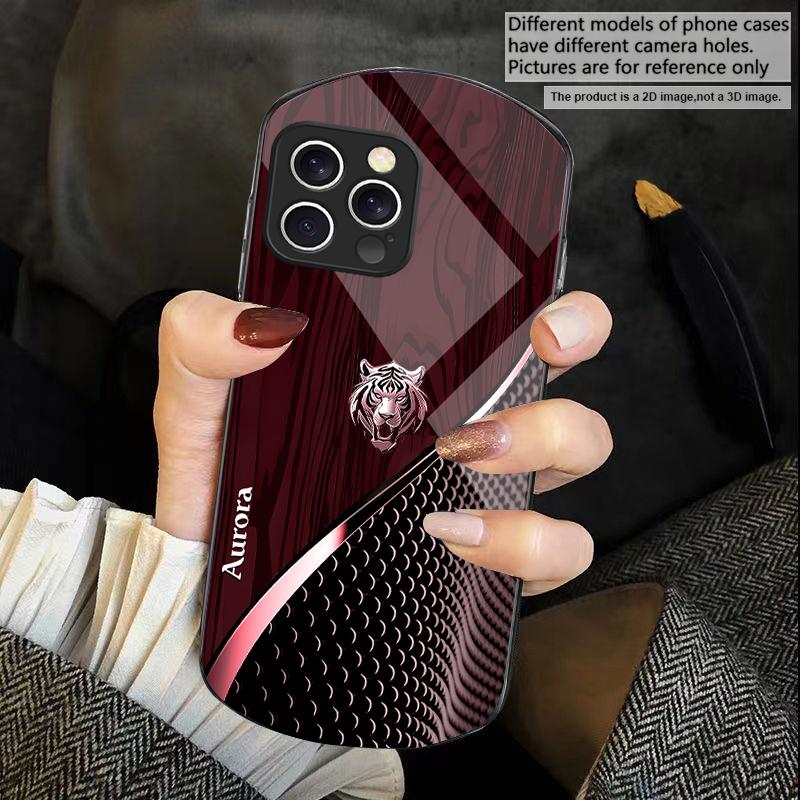 Mignon Tigre Doré Marron Pour iPhone 16 15 14 Pro 13 Plus 12 mini 11 13Pro Max XR Xs X 7 8 6 Coque de Téléphone Elliptique en Verre Trempé