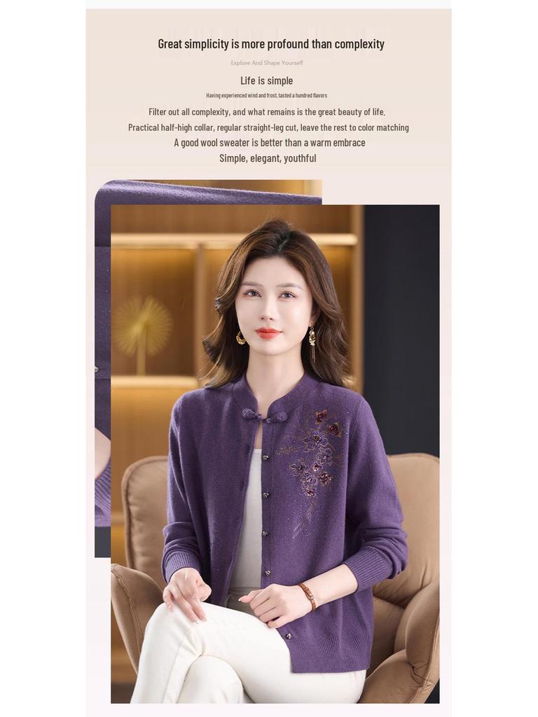 Mom's Stylish Chinese-Style Wool Cardigan for Middle-Aged Women