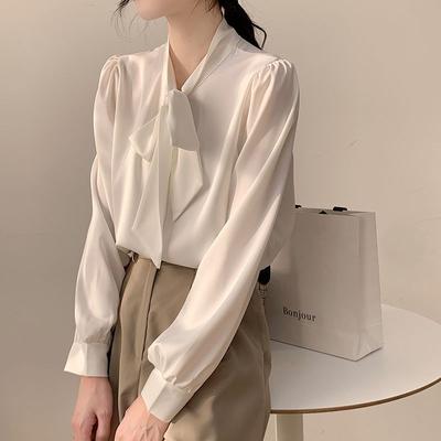 Schicke weiße Langarmbluse Damen Herbst Frühling Bürohemd Schleife Professionell Elegant Chiffon-Top Hohe Qualität
