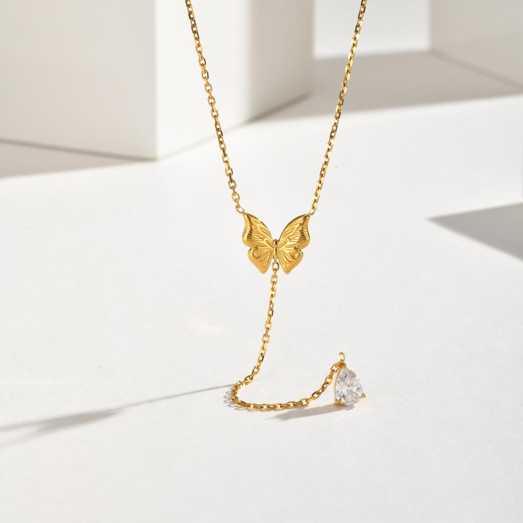 Vnox Minimalist Butterfly Teardrop Zirconia Y-shaped Necklace for Women Trendy Gold Plated Crystal Necklace Popular Jewlery