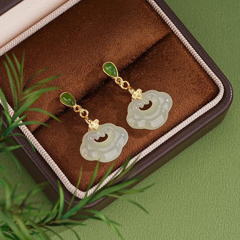 Tichiya Hetian Jade Ruyi Lock Earrings: S925 Silver Chinese Style Elegant Jewelry for Women. S925 Silver