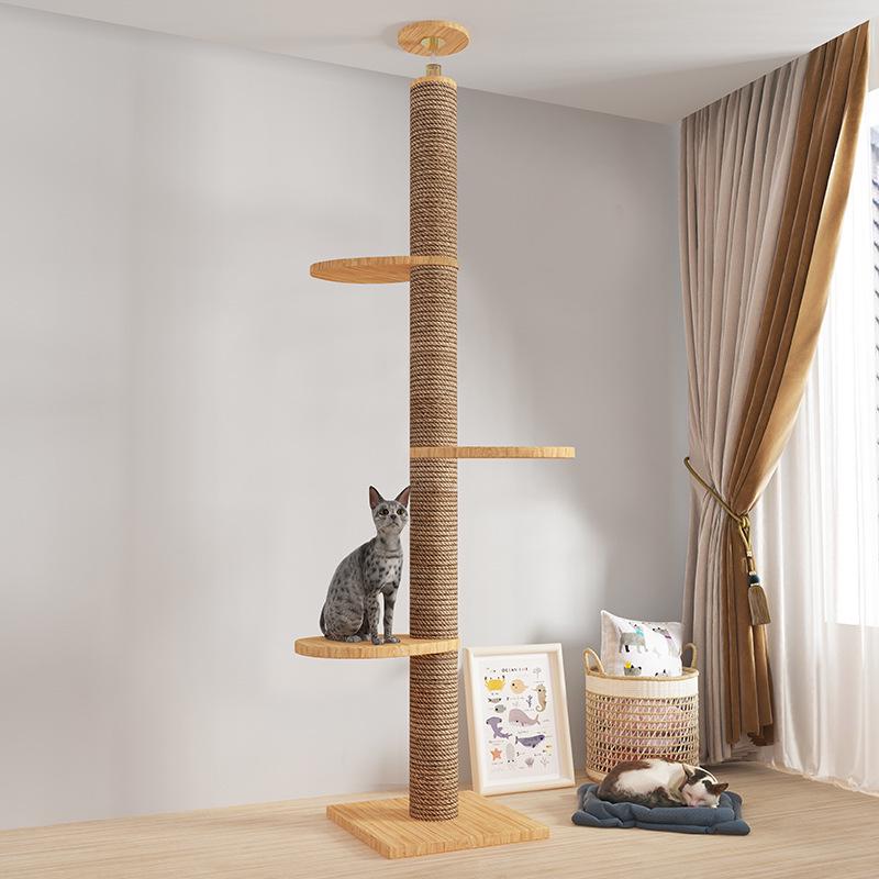 

Floor-to-Ceiling Cat Condo Tree with Space Capsule & Scratching Post, Solid Wood, Four Layers, Cat Climbing Toy Cat Tree