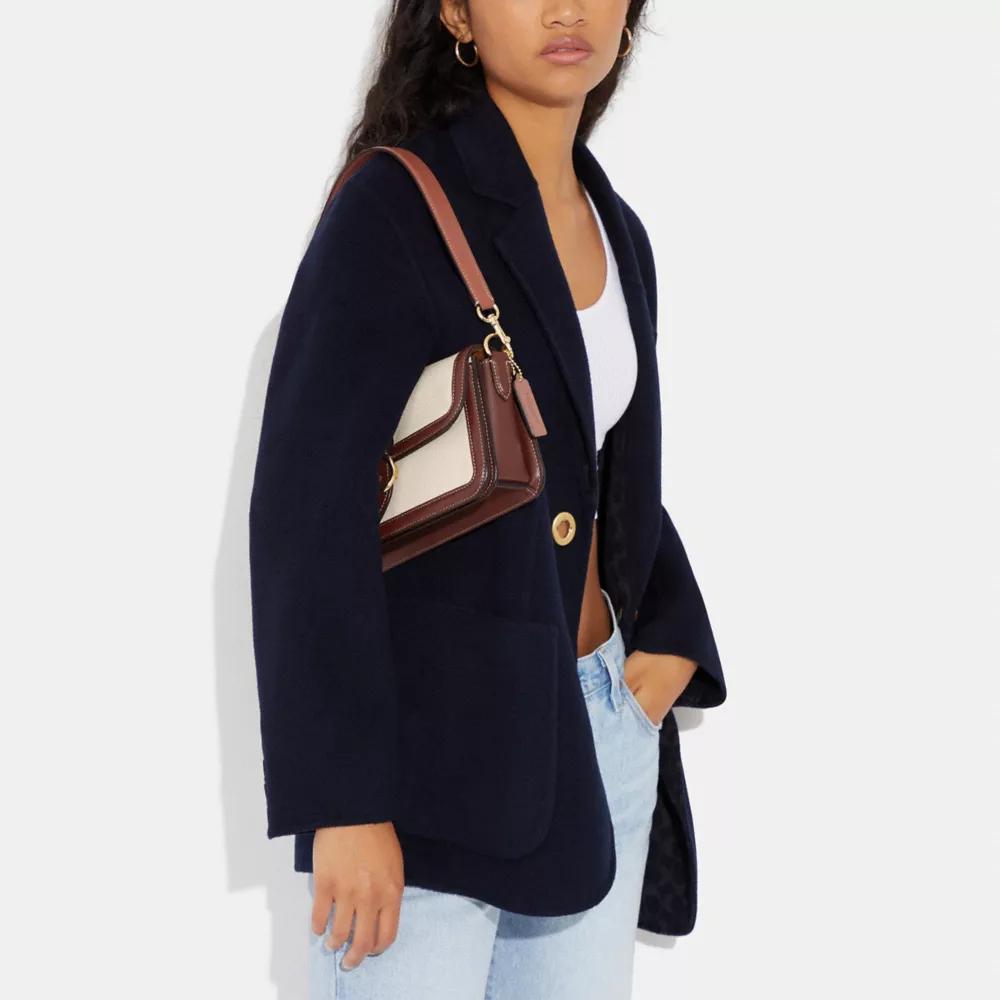 Coach Morgan 26 Metal Logo Snap Closure Canvas And Fine Calfskin Tote Shoulder Bag Medium Women handbags Gold Natural Multicolor CS191-IMNAM