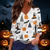Women's Casual Halloween Print V Neck Top Three Quarter Sleeve Lightweight Blouse for Fall Seasonal Wear
