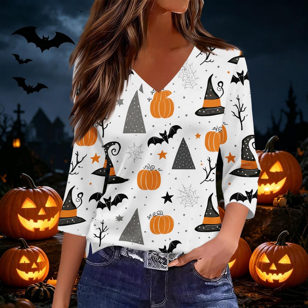 Women's Casual Halloween Print V Neck Top Three Quarter Sleeve Lightweight Blouse for Fall Seasonal Wear