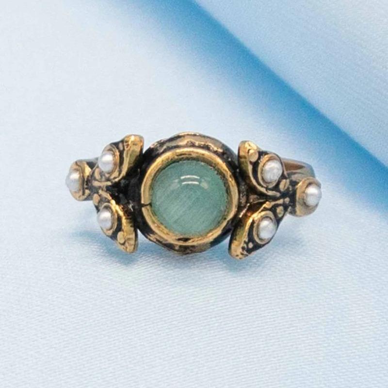 Vintage Gold Silver Color Round Rings for Women Inlaid with Green Stone Adjustable Personalized Creativity Party Rings Jewelry
