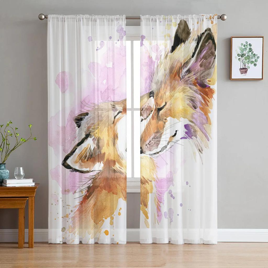 Cartoon Animal Fox Orange Color Blue Leaves Tulle Sheer Window Curtains for Living Room Bedroom Modern Voile Silk-like Fabric Drapes Drapes