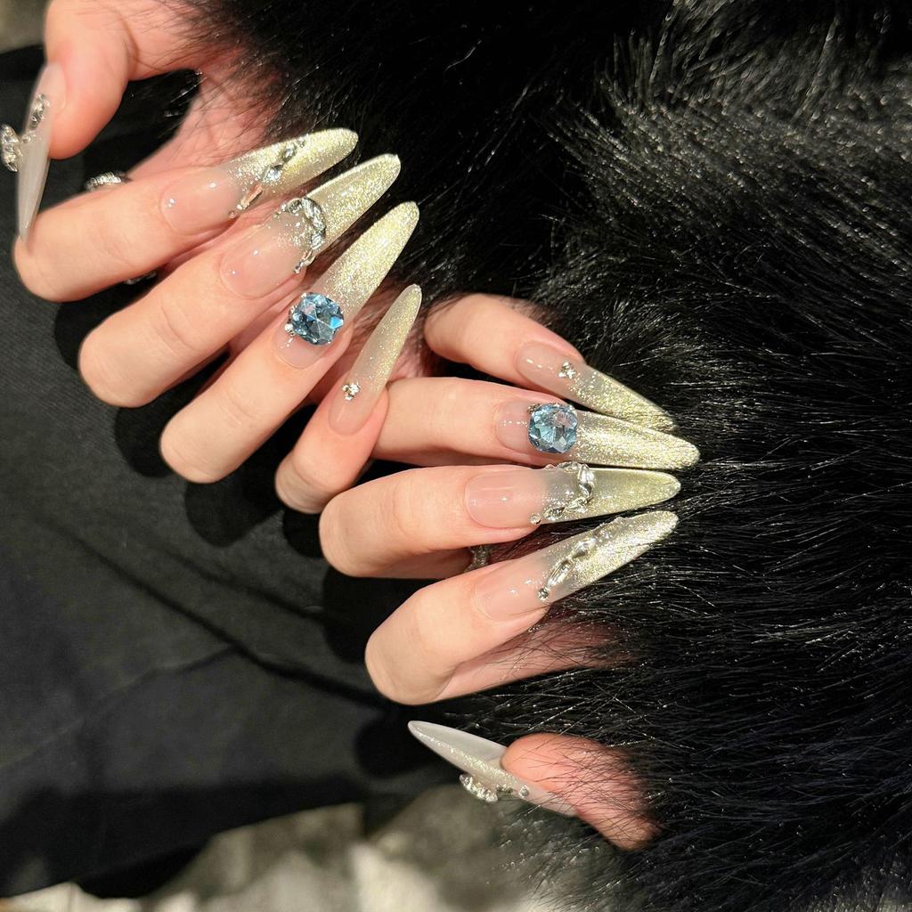 Removable False Nails Cat Eyes Rhinestone Gradient Champagne Autumn Winter Party Essential