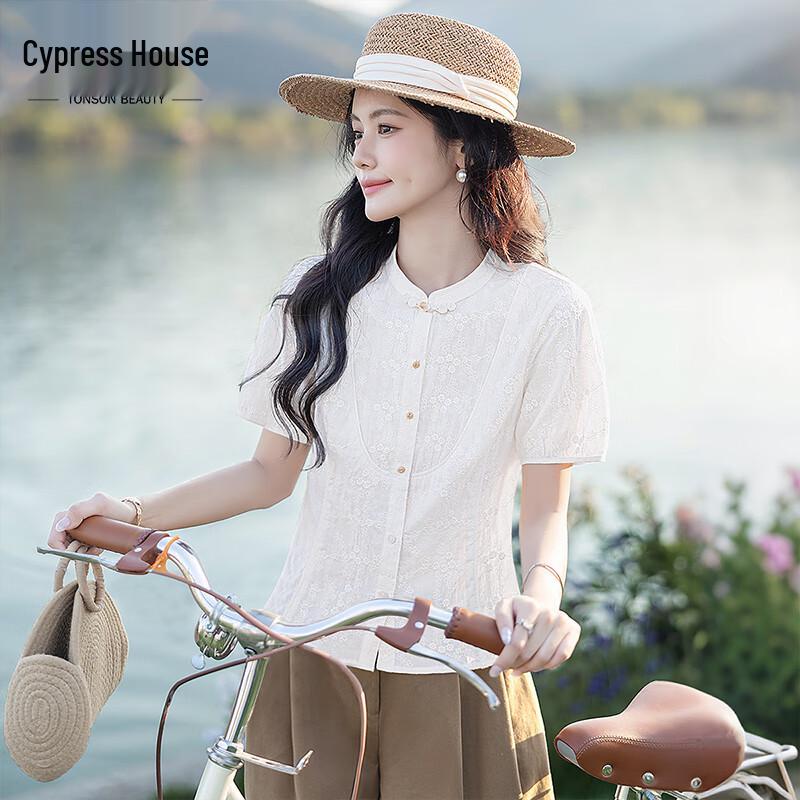 Women s Embroidered Stand Collar Short Sleeve Cotton Shirt XL