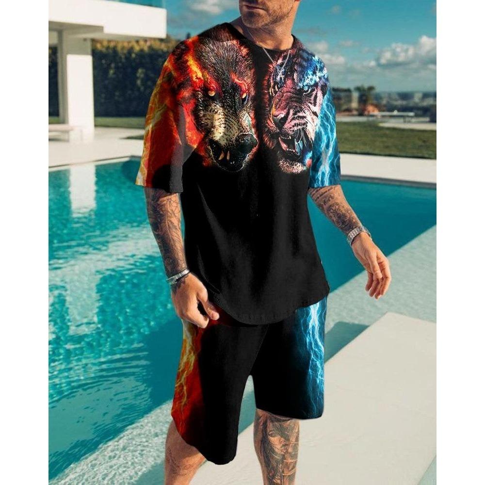 Summer Men's Animal Printed Sports Suit Fashion Breathable Versatile Trend