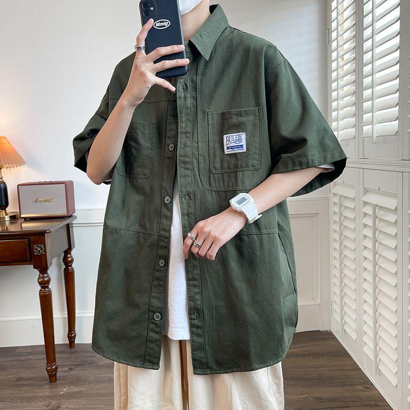 

Одежда для мужчин с лишним весом Рубашка с коротким рукавом в модном стиле лацкан-кэжуал Army Green 3XL