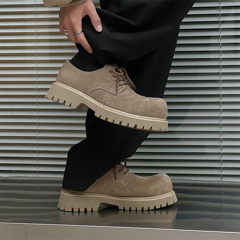 Big head Derby shoes men's thick-soled heightened low-top rhubarb boots retro commuter casual leather shoes-J
