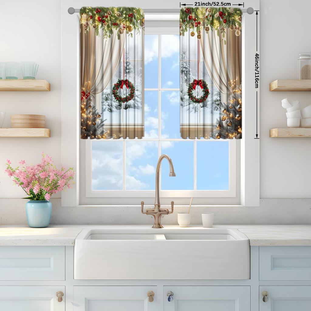 2pcs Christmas Window Printed Curtain for Christmas Home Decor - Rod Pocket Window Treatment for Bedroom   Office   Kitchen