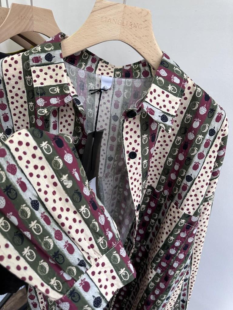 Xiao Wang's Retro Print Loose Plus Size Long Sleeve Shirt - Korean Style