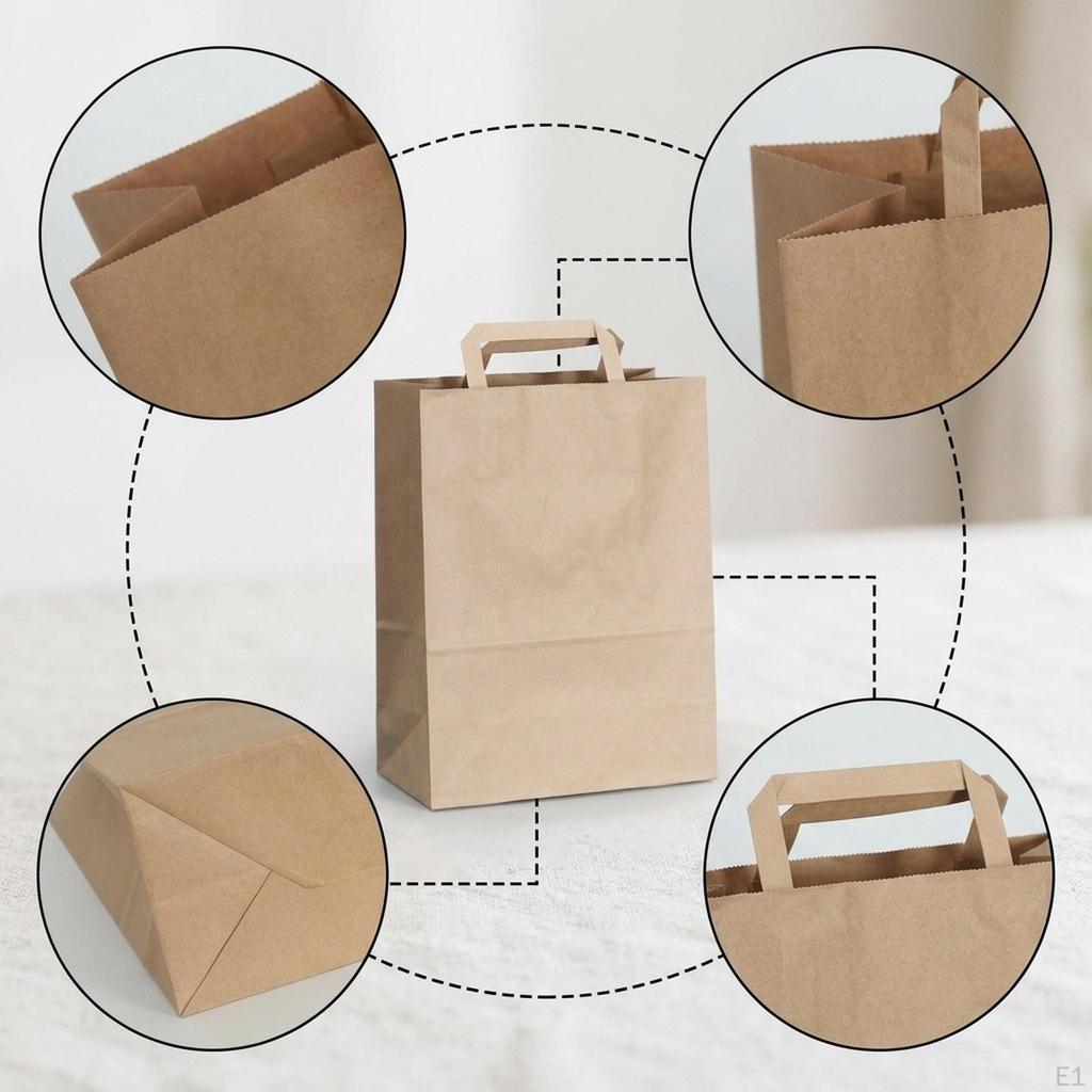 50 Brown Paper Bags with Flat Handles, Bottom Gift Bags, Reusable And Suitable for.