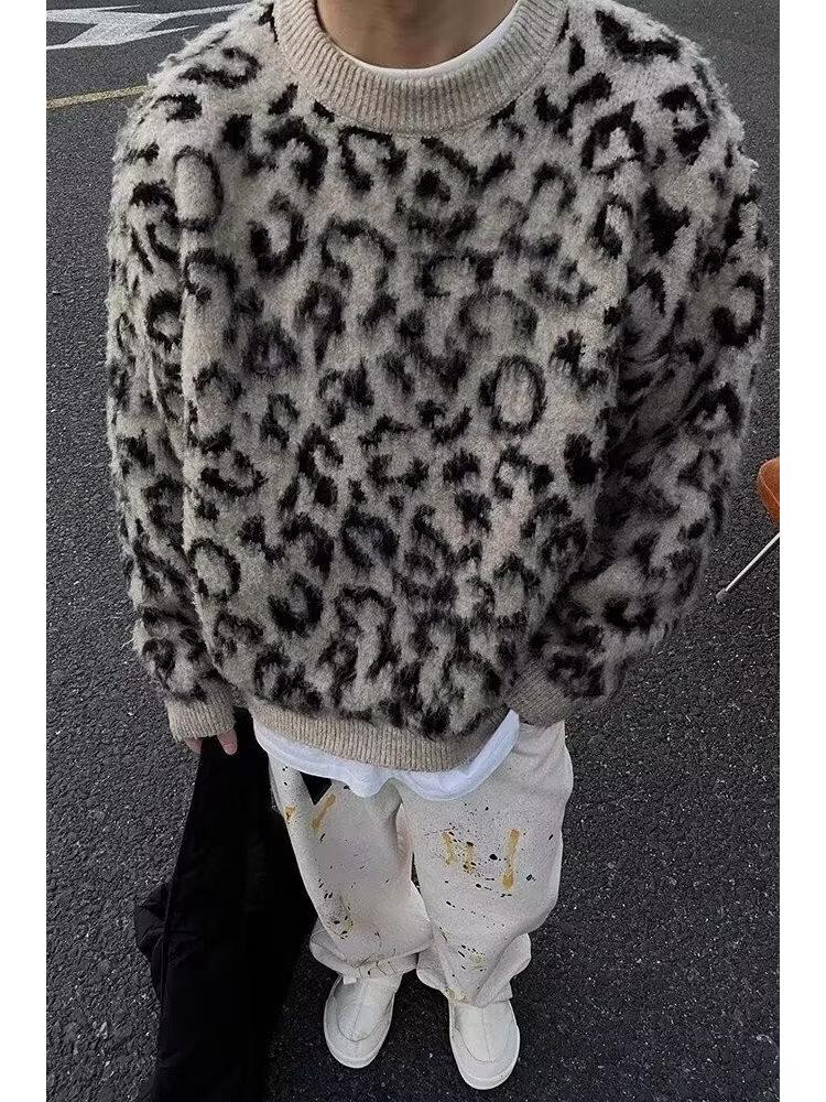 Men's Retro Leopard Print Sweater - High-End Color Block Knitwear