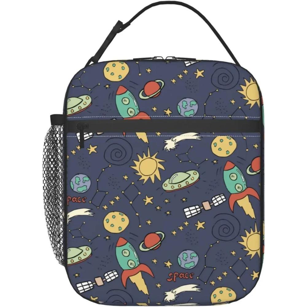 Stars Planet Spaceship Rocket Lunch Bag for Men Boys Insulated Lunch Box Reusable Waterproof Portable Thermal Bento Tote Bag