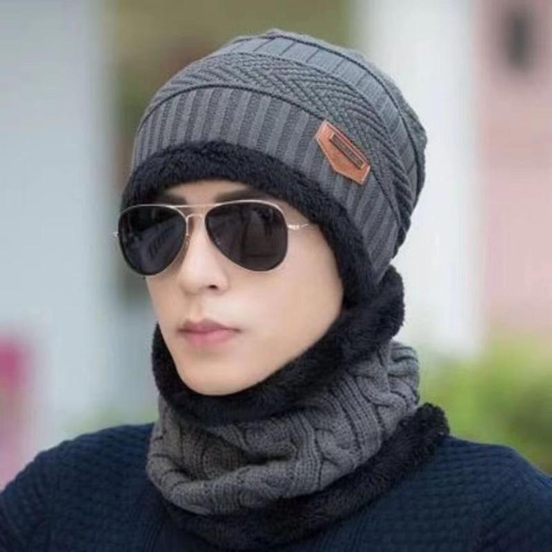 Winter Hat Men's and Women's Tide Autumn and Winter Men's Knitted Hat Fleece Thickened Wool Hat Pullover Hat Neck Cover Set To Keep Warm