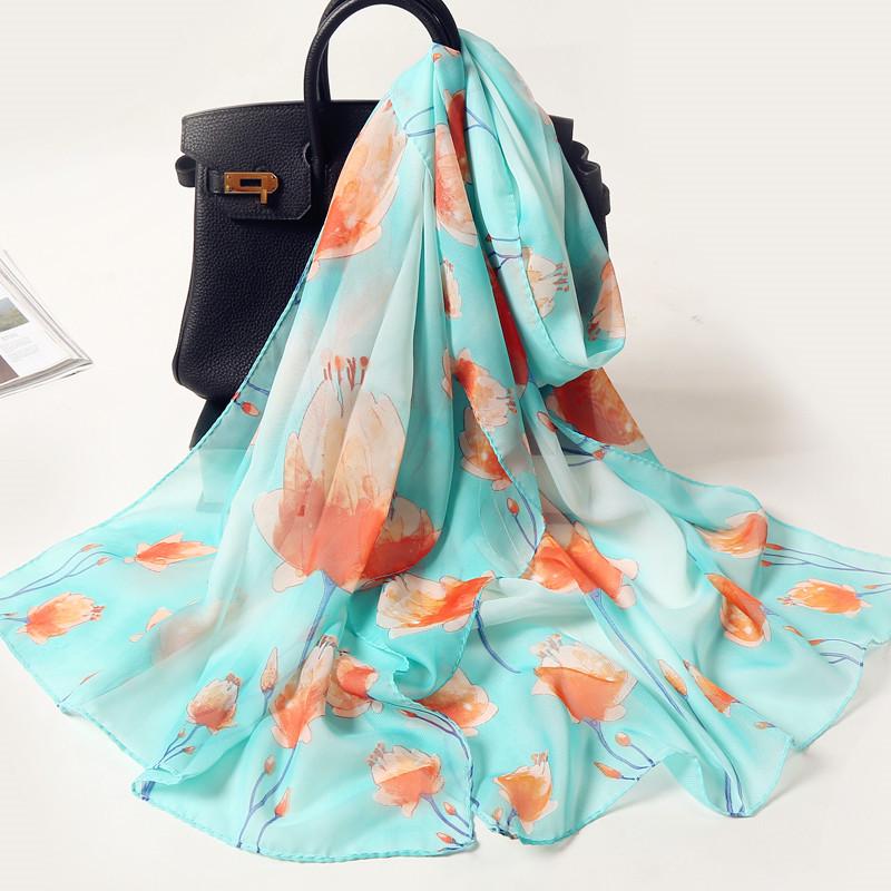 Chiffon Lotus Print Long Scarf - Lightweight, Thin Spring/Autumn Silk Accessory for Middle-Aged & Elderly
