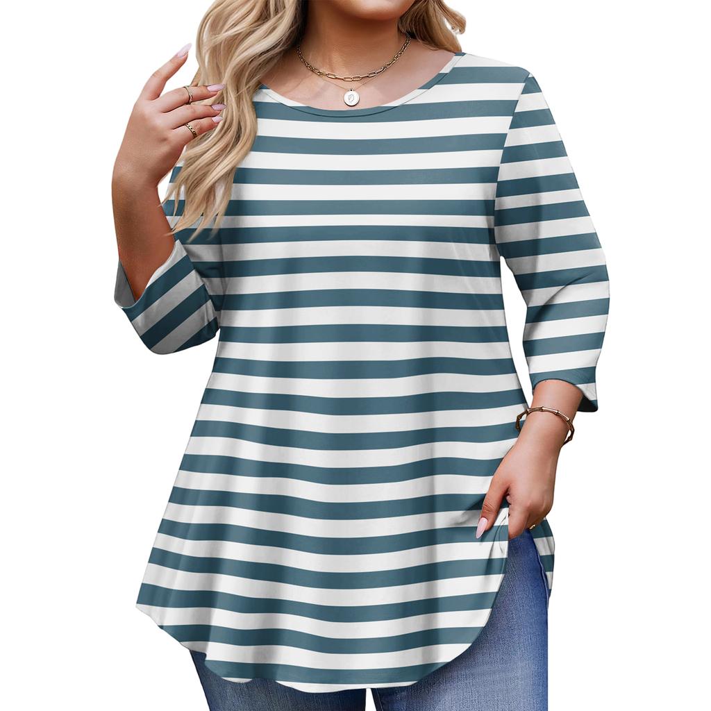 Ladies Stripe Print Plus Size 3/4 Sleeve Rounded Hem Round Neck Fashion Top