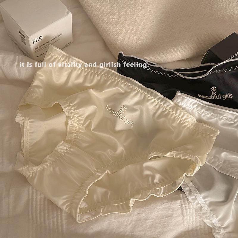 Damen-Slip aus Satin mit mittlerer Taille und antibakteriellem Baumwoll-Schritt, große Größe, atmungsaktiv, Design mit Holzohrenrand.